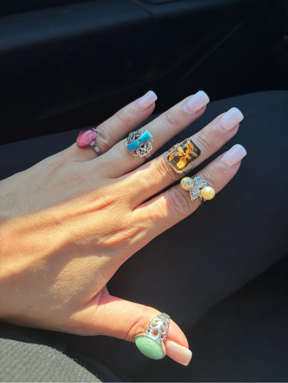 Silver Multi-Stone Women’s Ring Set - Turquoise, Amber, Green, Pink, Blue